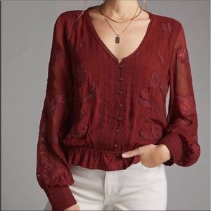 Anthropologie Embroidered Floral Buttondown Wine Medium